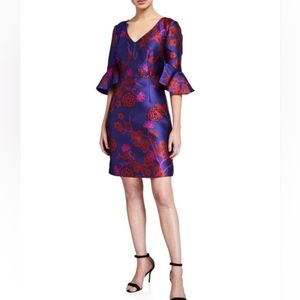 $395 Trina Turk Petite Sirah Floral V-Neck Ruffle-Sleeve Sheath Dress Size 10
